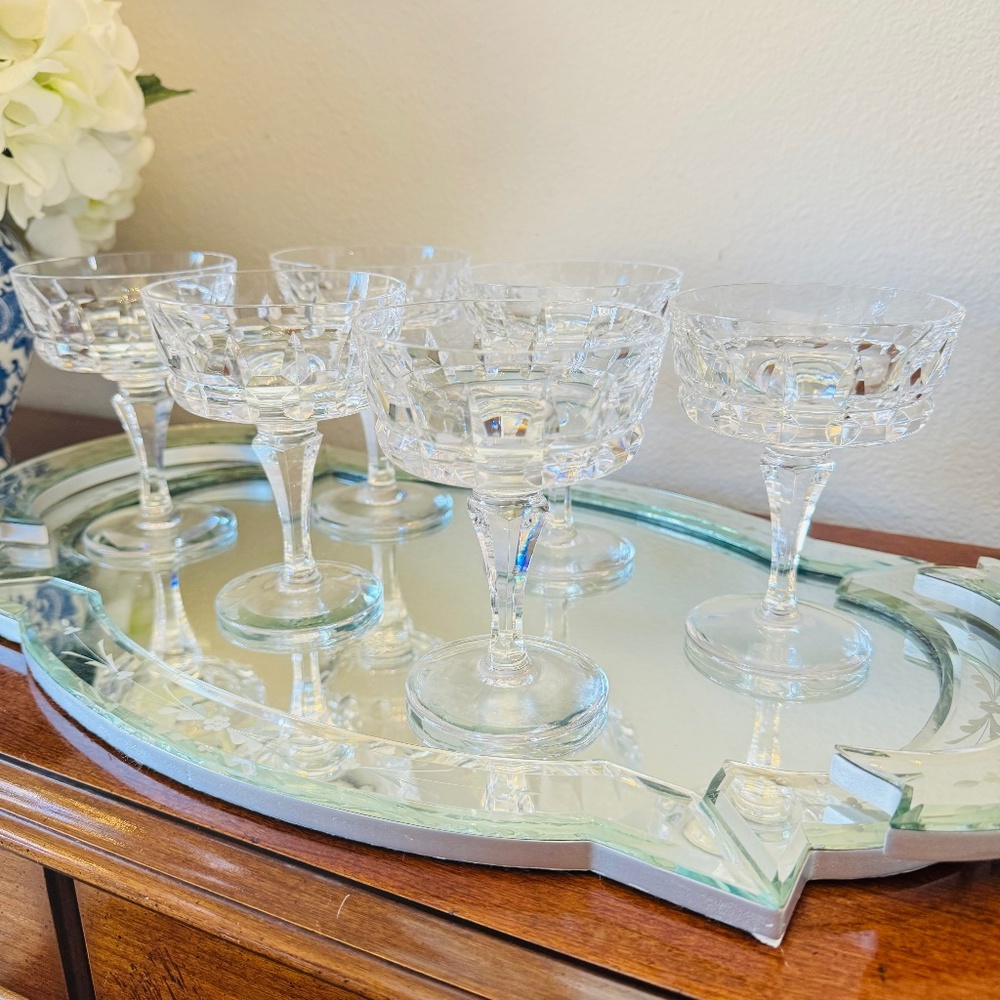 6 VTG ATLANTIS LISBON CRYSTAL Glass Champagne Coupe Sherbert Goblet Stem Glasses